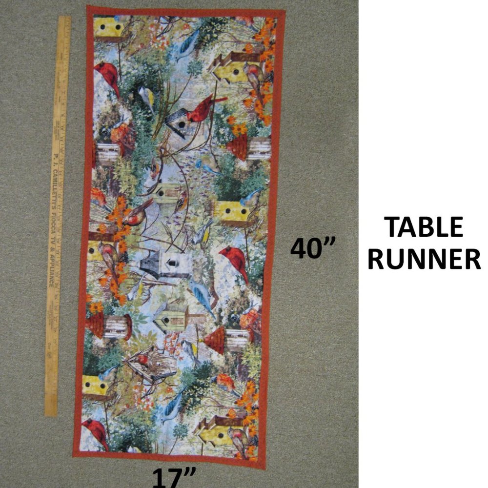 Handmade  NEW - Table Runner BIrds Birdhouse Pattern Dark Orange Backing